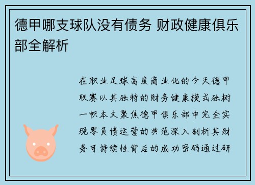 德甲哪支球队没有债务 财政健康俱乐部全解析